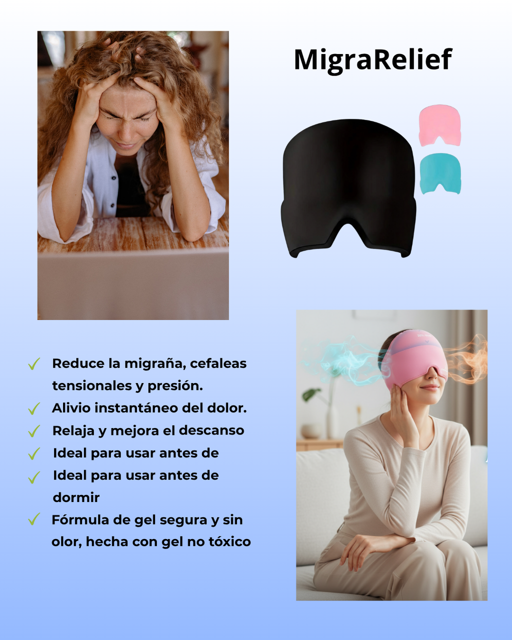 MigraRelief – Máscara de gel terapéutica para migraña y estrés